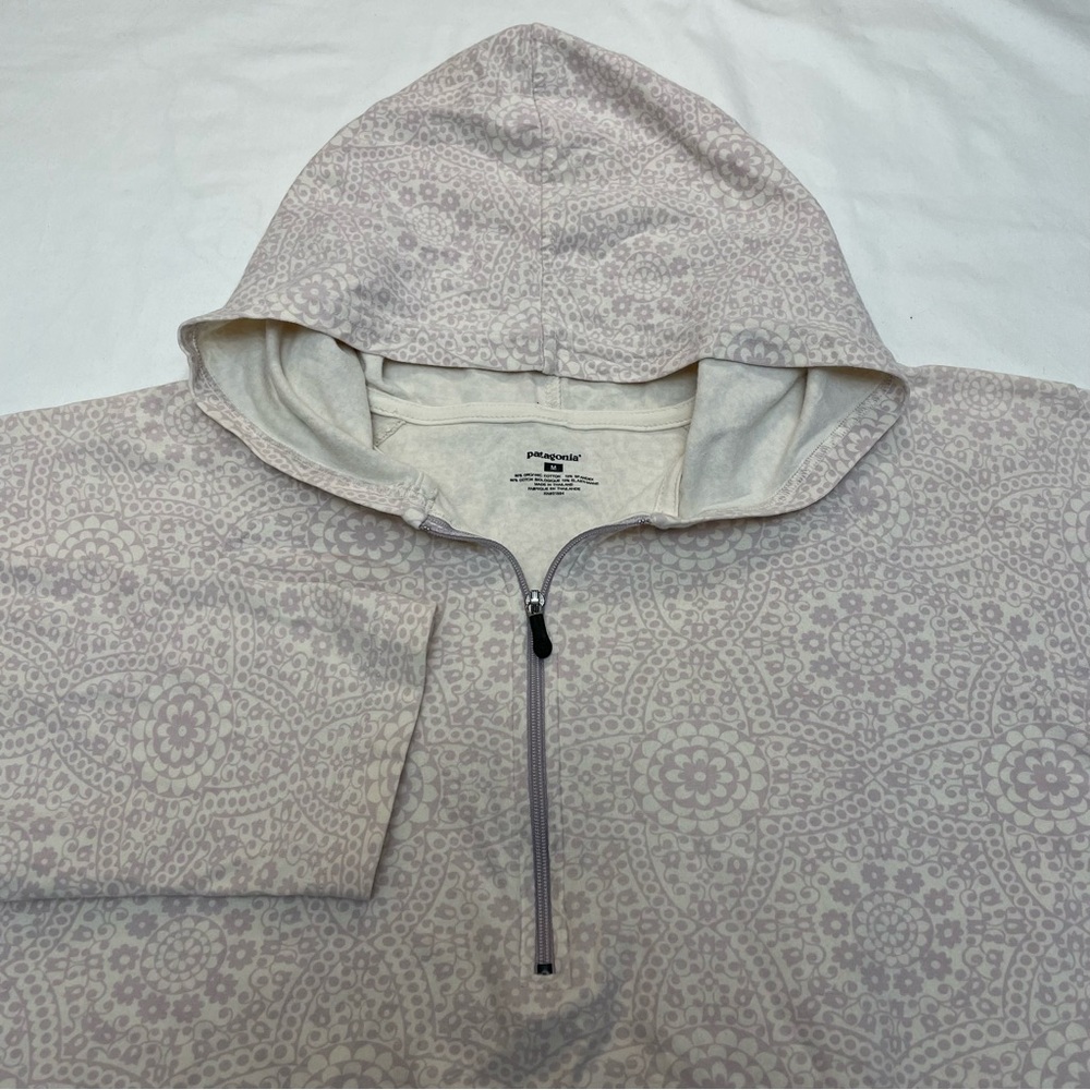 Patagonia Hooded Shirt Quarter Zip Long Sleeve Cream Mauve Print Women’s Medium